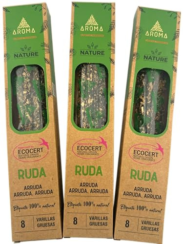 HOSTENATURA Aroma Nature | Pack 3X Incienso Orgánico Ruda Arruda | 8 Varillas Gruesas por Caja | Incienso Natural Artesanal para Limpieza Energética y Protección | Elaboración Tradicional