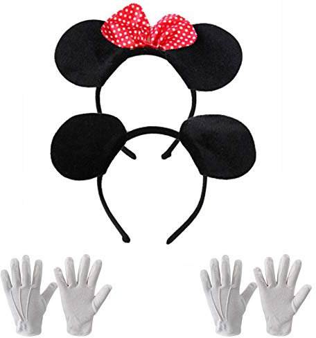 Haarreifen in Schwarz Mit Maus Ohren Mouse Mit Schleife in Rot Mit Weißen Punkten Inklusive Weiße Handschuhe für Kinder Erwachsene (4 Teiliges Set)