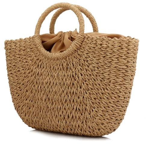 Large Tote Bag Straw Bag Woven Stripes Retro Summer Beach Bag Straw Bags for Women Hand-woven Round Handle (Brown)
