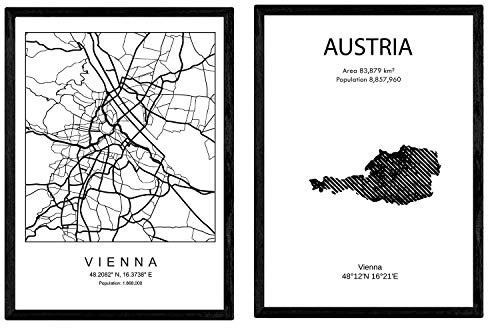Pack von Plakaten und Denkmäler Ländern. Österreich und Wien Stadtplan. A4-Format