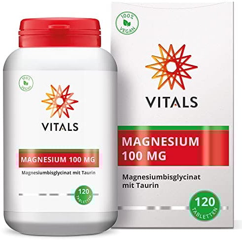 Vitals - Magnesium bisglycinat 100mg mit Taurin 120 Tabletten Hochdosiert. Verbindungsform, Magnesiumbisglycinat, mit überlegener Bioverfügbarkeit, 100% Vegan.