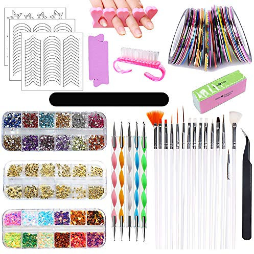 Kit de Nail Art,83 Pièces Nail Art Kits,avec 15 Brosse à Pinceaux,5 Stylos Dotting,30 Striping Tape,3 Boîtes Ongles Strass,Nail Art Accessoires Professionnel kit