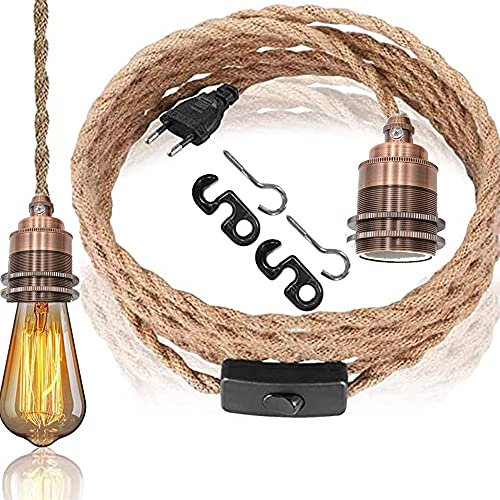 Bricolage Vintage Kit de lampe à suspension en corde de chanvre avec prise de courant à tête unique suspendue à la lumière du câble de corde de chanvre E27 douille en cuivre (B,4.5M)