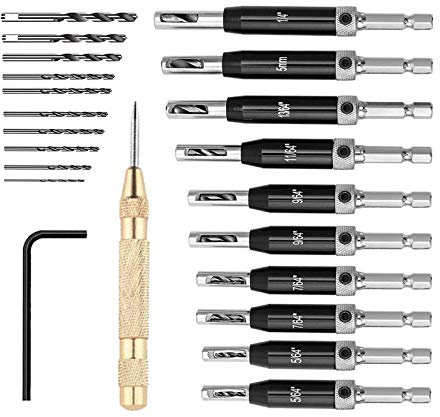 Juego de 22 brocas para bisagras autocentrantes, núcleo roscado 5/64'' 7/64'' 9/64'' 11/64'' 13/64'' 5 mm 1/4'' y 1 pieza de llave hexagonal y 10 piezas de repuesto Brocas +1 punzón central