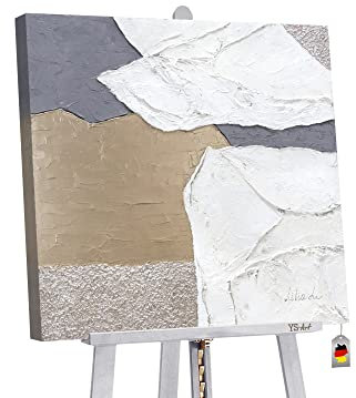 YS-Art Abstrakt Acryl Gemälde auf Leinwand Image handgemalt Wandbilder Wohnzimmer modern Wohndekor Bild grau weiß gold quadratisch echtes Kunstwerk 100x100 cm