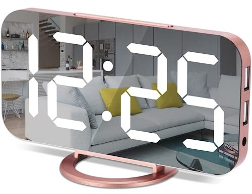 Digital Alarm Clock,7 Inch LED Mirrored Large Display, with Dual USB Charger Ports,Auto Dim,Snooze Function,Modern Desk Wall Electronic Clocks for Bedroom Living Room Office - Rose Gold