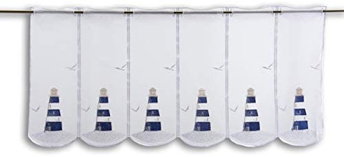 Startex Scheibengardine Leuchtturm Bestickt blau Höhe 45cm | in verschiedenen Breiten erhältlich | Gardine | Panneaux (Höhe 45cm) | (BxH 160x45cm)