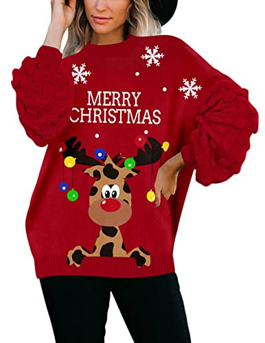Sovoyontee Süßer lustiger hässlicher Weihnachtspullover für Damen, Puffärmel, Schneeflocke, Rentier, Urlaub, übergroßer Strickpullover, Rot – Clown-Rentier mit Glocke, Groß