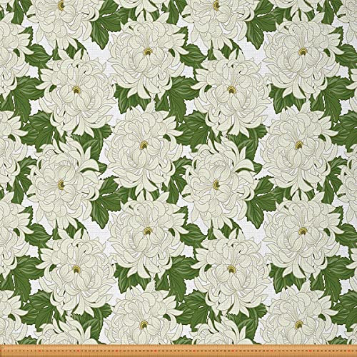 Blumenstoff Meterware Romantoc Japanische Chrysantheme Möbelstoff Blätter Dekostoff Retro Blütenblätter Drinnen Draußen Stoff Botanischer DIY Wasserdichter Stoff Weiß Grün 184 x 150 (HxB)