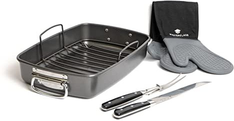 MasterClass Roasting Pan with Rack, Two Piece Carving Set & Silicone Double Oven Gloves with Thumbs