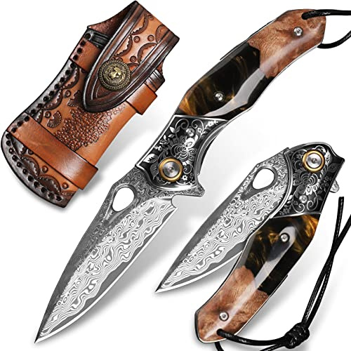 Minowe handmade Japan Damascus steel pocket knife，3.1 VG10 blade men and women Folding knife，With holster，Lining lock，resin and Maple handle，Suitable for EDC outdoor camping，go fishing hunting