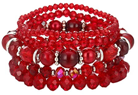 FULU AUTUMN Damen Kristall Perlen Armband Mehrschichtiges Steine Armband Boho Modeschmuck Beste Freundin Geschenke(21-Red)