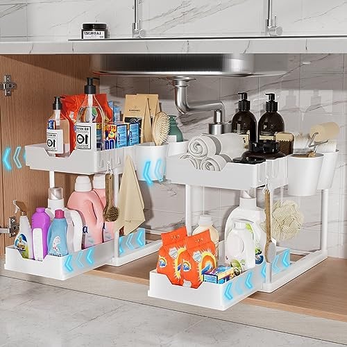 Yexati 2 Etagen Unter Waschbecken Regal Küche Organizer, Ausziehbarer Spülschrank Organizer mit 8 Haken 4 Tasse, Putzmittel Unterschrank Organizer Gewürzregal Küchenregal Küchenhelfer, 2 Pack Weiß