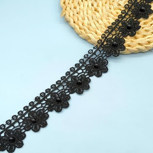 XCSJ 5 Yard Blumen Spitzenband Spitzenborte Stickerei Dekoband Zierband Borten Bänder Blumenband Gänseblümchen Dekoband Spitzen Spitzenborte Für Hochzeit Deko Handwerk Nähen Deko (Schwarz#2)