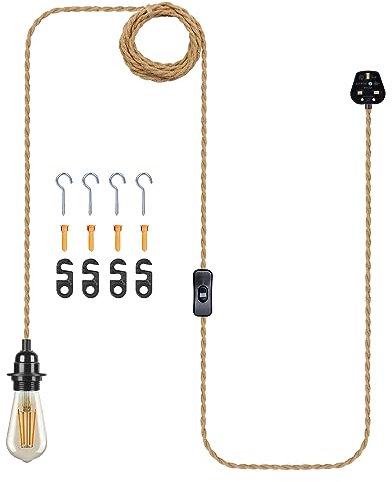 LEDSone Ceiling Hanging Pendant Light with Bulb 2m Cable E27 Adjustable Hemp Rope ON/Off Switch Pendant Lamp Kit UK Plug in Decorative Home