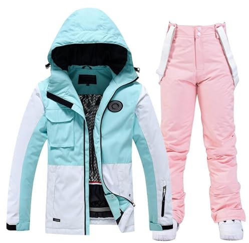 Country-Ski- und Snowboard-Jacken- und Hosen-Set für Männer und Frauen mit Patchwork und buntem Aufdruck und warm Overall Abend (Pink, XL)