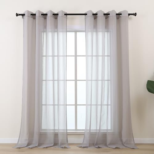L.Z.E Vorhang Grau für Wohnzimmer Fenter, Gardine Hellgrau mit Ösen Kurz, Transparent Gardinen Vorhänge für Schlafzimmer Küche, 2er Set Leinenoptik Gardinenschals Durchsichtig Modern 145 cm