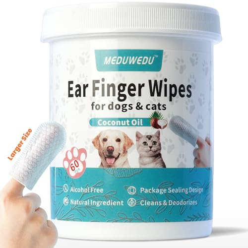 MEDUWEDU Wider Ear Cleaners, Finger Wipes, 60 Pieces, Dog Ear Cleaner, Grooming Kit, Grooming Kit for Dogs and Cats, Otic Cleaning Pads, Remove Wax, Dirt and Stop Odor, Itchy