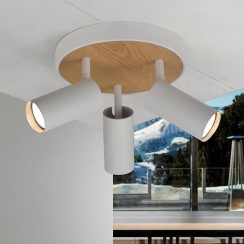 Deckenstrahler 3 Flammig Weiß,Deckenleuchte Holz Rund,Schwenkbar Strahler Design Deckenleuchte,Spots Deckenlampe Vintage für Küche, Wohnzimmer,Schlafzimmer,Flur,Esszimmer,Zimmers,Restaurants,Gu10