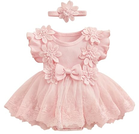 Qianderer Newborn Baby Girl Romper Dress Short Sleeve Mesh Tutu Dress Lace Ruffle Dress Jumpsuits with Headband Summer Clothes