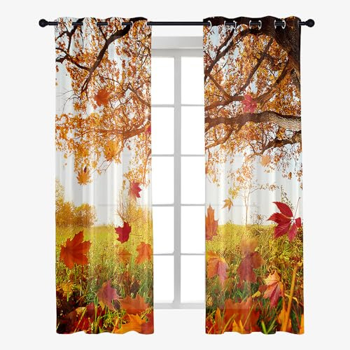 Odot Transparent Gardinen mit Ösen Schlaufen, Ahornblatt Drucken Vorhänge Voile Sheer Vorhang Dekoschal Fensterschal Ösenvorhang für Wohnzimmer Fenster 2er Set, Schienensystem (Herbst,107x160cm)