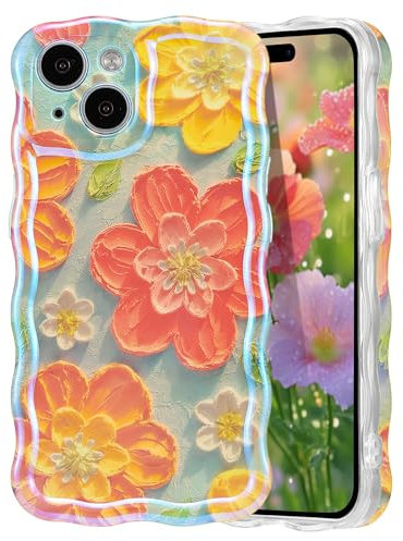 EYZUTAK Case for iPhone 13, Colorful Retro Oil Painting Flower Laser Glossy Cute Curly Wave Edge Case Stylish Durable Soft TPU Protective Phone Cover for Girl Women - Pink Flower/Green