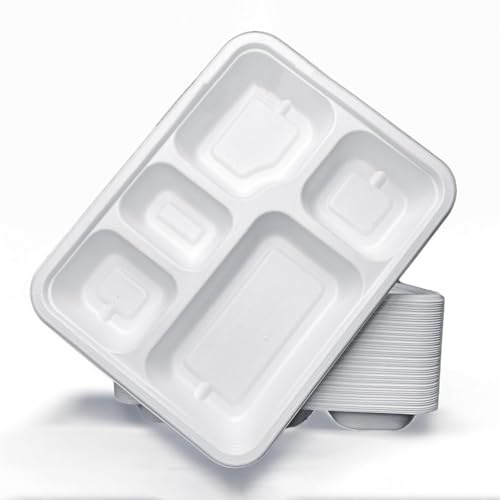 ECONX Bagasse 5 Compartment Food Tray Plate for Serving Party Compostable Plates Eco-Friendly Disposable Sugarcane Paper Trays for Restaurants, Parties, Special Events for Types of Food Service (100)