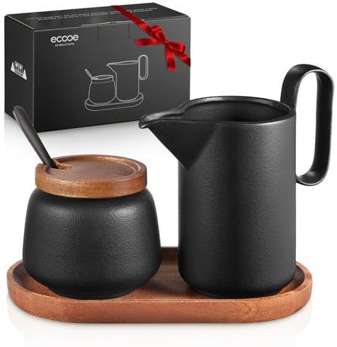 ecooe Milch und Zucker Set - Milchkännchen Schwarz Keramik und Zuckerdose, mit Deckel und Metalllöffel, Zuckerdose Barista Milchkännchen mit Holztablett Set, Keramik Sahnekännchen Milchbehälter
