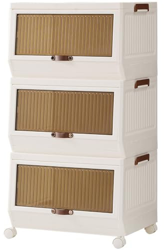 HOOBRO Aufbewahrungsbox mit Deckel, 60 Liter Faltbare Kunststoff-Aufbewahrungsbehälter mit Rädern, 3-Packungen Stapelbare Kisten Ordnungsboxen mit Türen, für Schlafzimmer, Wohnheim, Weiß EWG358CW01