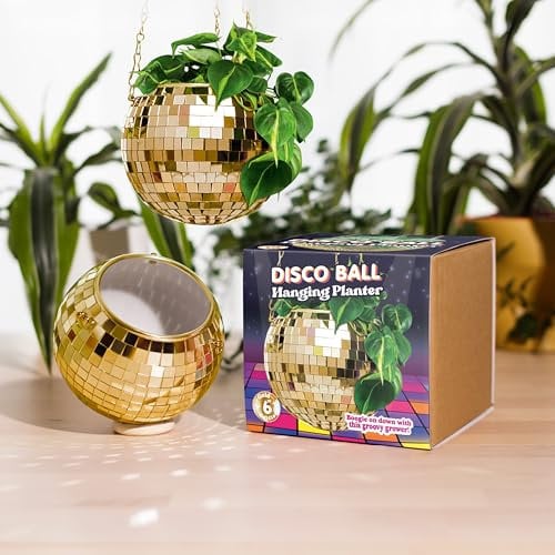 Bubblegum Stuff - Maceta colgante de bola de discoteca dorada – Cesta colgante para plantas de interior, cadena y borde dorados, maceta de hierbas, planta colgante, macetas de decoración bohemia – 6