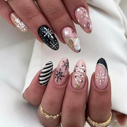 NICENEEDED Medium Almond Press on Nails, Oval Acrylic False Nails, Christmas Tree Artificial Nails Gold Glitter Fake Nails with Snowflake Design Full Cover Stick on Nails for Women 24Pcs