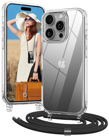 OLEPHY Coque avec Cordon pour iPhone 16 Pro 6,3'', Coque avec Collier Ajustable, Protection Complète [Antichoc] [Amovible] Coque avec Tour de Cou, Noir