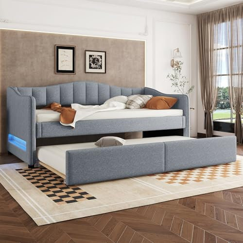 Daybettt, 90x200cm Tagesbett mit ausziehbarem Bett, Schlafsofa, Einzelbett(Ohne Matratze), Ambiente-Licht-Design, Leinen, minimalistisches Styling (Grau)