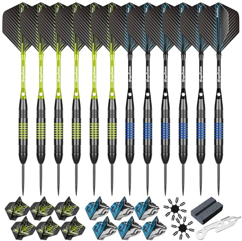 MageRabbit Professionelle Dartpfeile mit Metallspitze – 12 Steeldarts + 12 Aluminium Schäfte & 24 Flights – Hochwertiges Dart Zubehör für Turniere