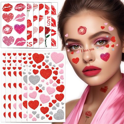 Gesichtstattoo Karneval, 6 Blätter Glitzer Herz Sticker + 6 Blätter Liebes Tattoo, Amor Kostüm Damen Accessoires Gesichtstattoo für Fasching Valentinstag Makeup Karneval DIY Basteln