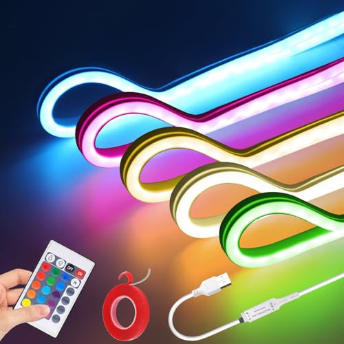 5V 3535 RGB USB Neon LED Strip, IP65 Waterproof 108 LEDs/m Self-Adhesive LED Neon Strip Light with USB 24 key IR mini RGB controller for Gaming Bedroom Indoor and Outdoor Decoration.