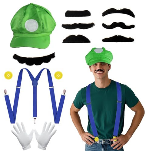 12 Stück Super Brothers Kostüme Zubehör für Damen Herren, mit Hut Handschuhen Bart Knöpfe Riemen, Super Brothers Kostüm Zubehör für Fasching Karneval Halloween Cosplay Mottoparty Kostüm Verkleidung