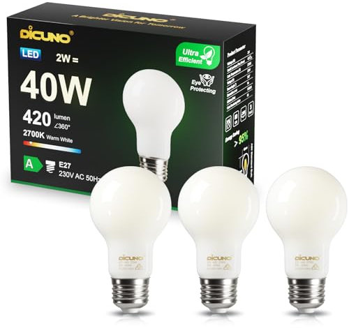 DiCUNO Bombilla LED Ultra Eficiente E27 2W, Clase de energía A, equivalente 40W, Lámparas LED de filamento Edison de bajo consumo energético, Blanco cálido 2700K, 420lm, Vidrio, 3 Piezas