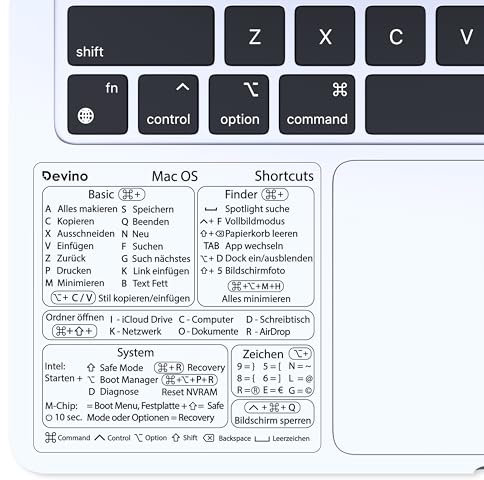 Devino® Shortcuts Aufkleber Mac OS für 13“-16“ MacBook Pro Air M1 M2 / Intel Transparent (Ventura/Monterey/Big Sur/Catalina/Mojave) Sticker Deutsch (2, Transparent Schwarz)
