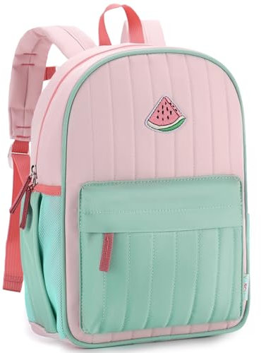 VASCHY Kinderrucksack, Lightweight Quilted Color-blocked Bookbag Schulrucksack für Kindergarten Kinder Jungen Mädchen Kid-15in (für Ordner) Rosa Grün