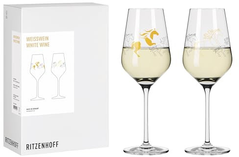 RITZENHOFF 8082001 Weißweinglas 2er Set 300 ml, Serie Reitgold - 2 Stück, Motiv Pferde Gold-Lineart, Made in Germany