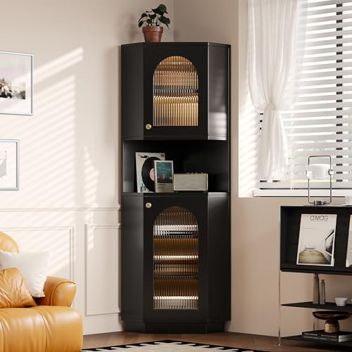 Merax Eckschrank Hochschrank mit LED - Beleuchtung, Eckregal Standregal mit 2 Ablagefächern, Badezimmerschrank mit Verstellbaren Einlegeböden, für Wohnzimmer, Badezimmer, Schwarz, 45x45x166,5 cm