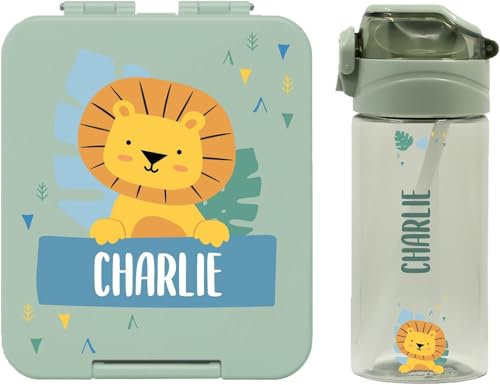 BIENMARQUER - Coffret avec gourde personnalisable pour enfants et boîte à goûter personnalisée en plastique pour enfants - Gourde avec paille, capacité 450 ml - 100% sans BPA (Vieux vert)