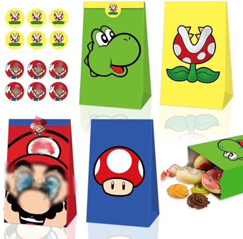Super Geschenktüten Bros- 12Pcs Mari Papiertüten mit 12 Aufkleber Sticker Kinder Party Geschenktüte Mitgebsel Kindergeburtstag Candy Bar Süßigkeiten Tüten Geschenken Giveaways Party Bags Supplies