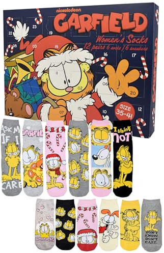 United Labels Garfield Adventskalender mit 12 Paar Socken für Damen, Größe 35-41, Kalender mit Sneaker und langen Socken, Weihnachtskalender Geschenk