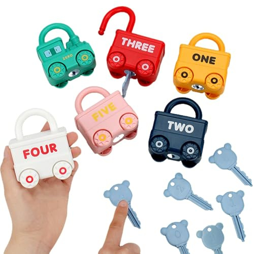 NPLSEO 6 Set Montessori Lock and Key Counting, Colorful Alphabet Matching Car Keys, Unlock Train Team Toys,Toddlers Car Shape Padlock, for Fine Motor Skills Ages 2-5 Children Preschool Gifts