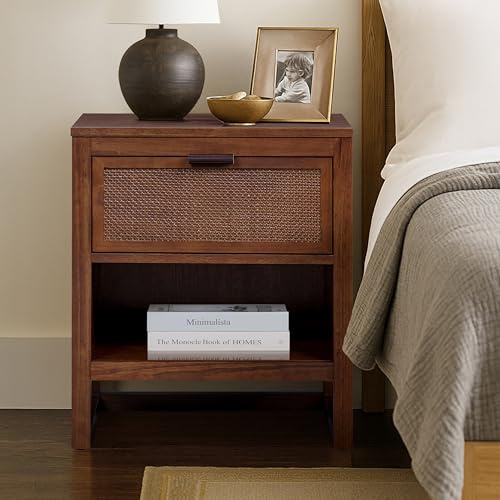 Teamson Home Hatteras 20 W Nightstand with 1 Deep Drawer and Open Shelf Storage in Coastal Modern Style, Ball Bearing Glides, Pine Wood Frames and MDF with Rattan, Walnut Finish