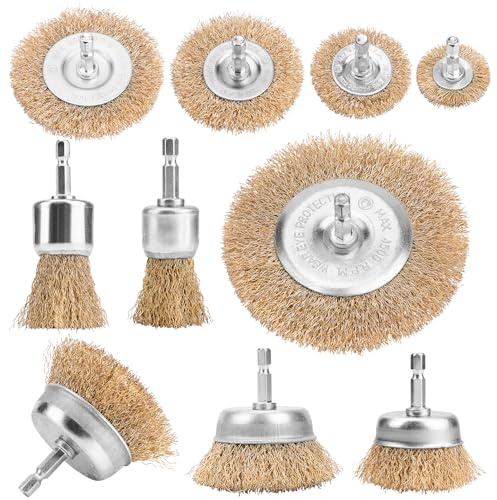 Junchamp Lot de 10 Brosses Métalliques pour Perceuse et Visseuse, Tige Hexagonale 1/4 (6,35 mm), Brosses Circulaires, Boisseau et Pinceau pour Dérouillage, Décapage et Nettoyage