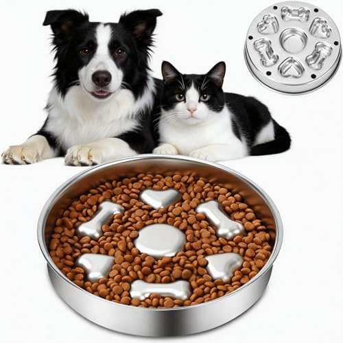 Solihigh Slow Feeder Dog Bowl，Stainless Steel Dog Food Bowls with Non-Slip Base, 2-in-1 Slow Eating & Treat Bowl for Medium Large Dogs, Fast Eaters Bloat Stop