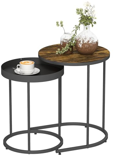 HOMCOM Nesting Side Table Set of 2, Industrial Round Tables with Tray Top and Metal Frame for Living Room, Bedroom, Home Office, Rustic Brown
